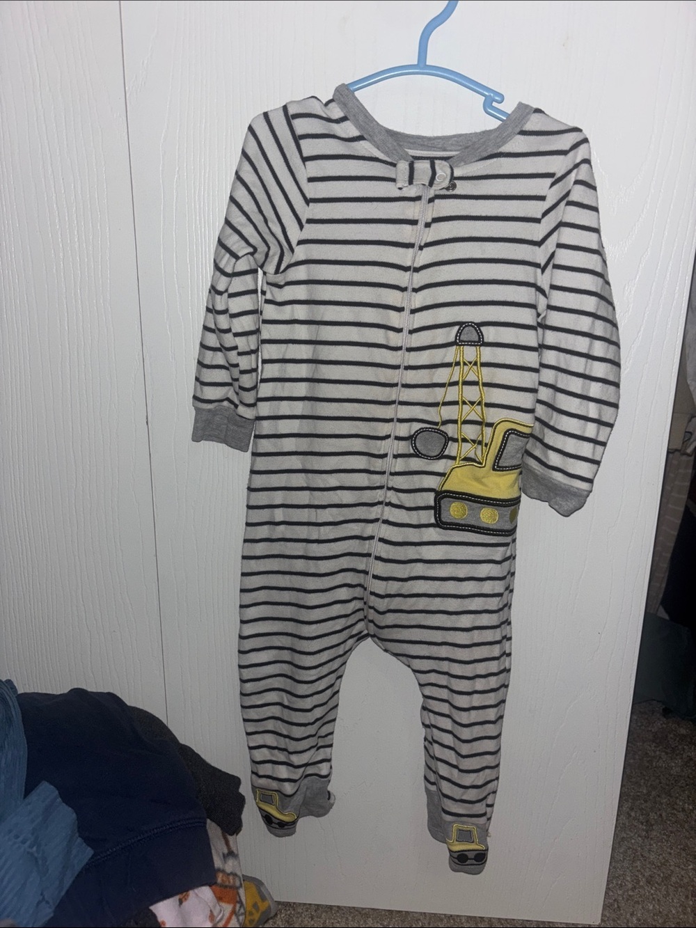 Striped Gray & White Footed One-Piece with Yellow Excavator - Kids